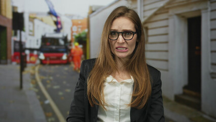 Woman with glasses and white shirt grimaces on street with furrowed brows and bared teeth; anxiety...