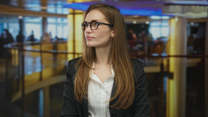 Young woman wearing glasses and a blazer looks sideways in a hotel building reception area;...