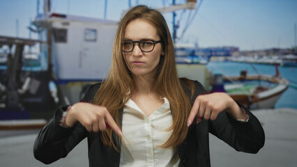 Woman pointing finger to chest at harbor pier in white blouse; skepticism doubt hesitation...