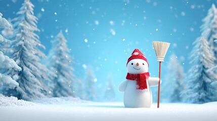 Happy Snowman in Christmas Landscape &ndash; Red-Hatted, Broom-Carrying, Amid Falling Snowflakes, Pine Trees & Snowy Forest, Sparkling with Festive Warmth in High-Resolution Magic