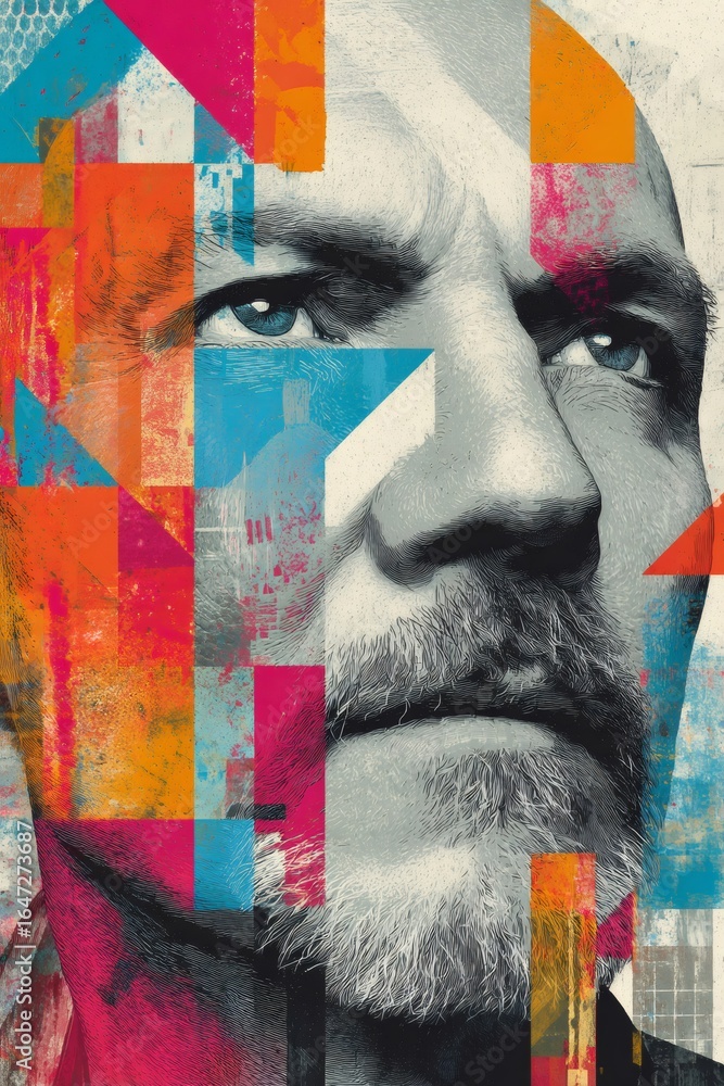 Aufkleber artistic portrait of singer michael stipe with colorful geometric shapes creating a dissolving effec