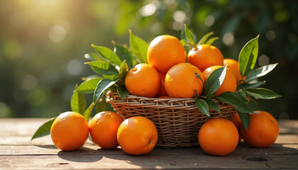 Fresh oranges in woven basket with green leaves on wooden table, rustic Mediterranean still life composition