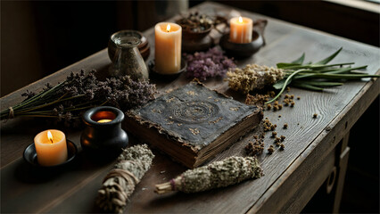 A mystical arrangement featuring an ancient book, candles, and herbs on a wooden table