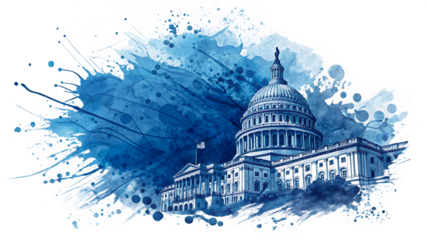 US Capitol Building: Abstract Blue Watercolor Painting, Patriotism, Government, Politics