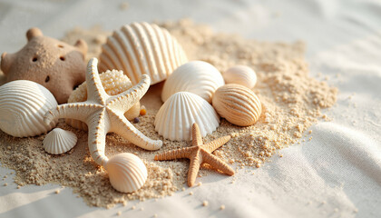 Seashells, starfish, and sand on linen cloth with soft sunlight, summer beach still life
