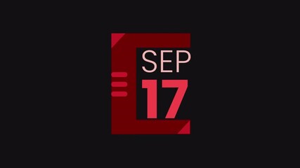 17th September calendar icon animation. Alpha matte with transparent background 4K resolution.