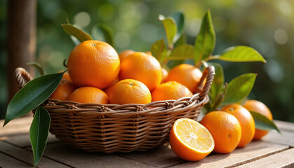 Fresh oranges in woven basket with green leaves on wooden table, rustic Mediterranean still life composition