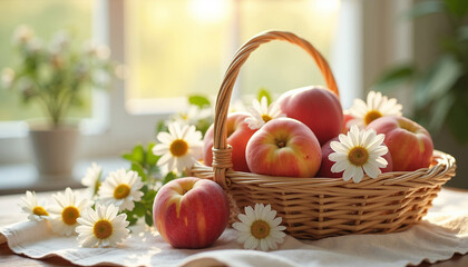 Peaceful Still Life with Fresh Apples and White Daisies in Warm Morning Light