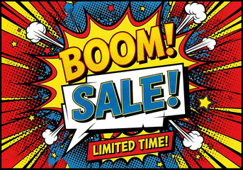 Boom sale limited time comic pop art explosion design for promotion and advertising with retro vintage style