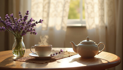 Cozy Still Life with Ceramic Teapot, Steaming Herbal Tea, and Lavender in Morning Sunlight for a Warm and Serene Atmosphere