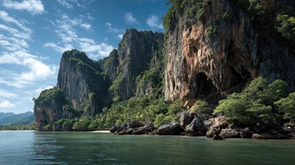 Dramatic limestone cliffs meeting the turquoise waters of the tropical coast