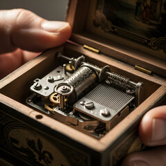 Retro close-up of a hand holding a vintage audio turntable part with a black computer card