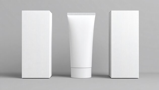 Tubo bianco di crema o lozione con scatola su sfondo grigio, concetto di prodotto di bellezza.