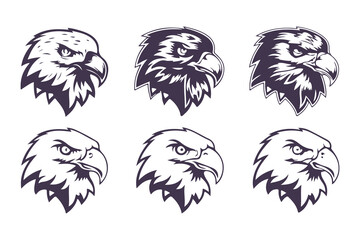 Set of eagle head icons. Aggressive hawk mascot logo collection. Graphic symbol of power and strength for sports, gaming, and tattoo design. Vector illustration.