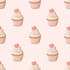 seamless pattern with cupcakes on a pink background, hearts, Valentine's Day