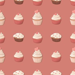 seamless pattern with cupcakes on a red background, hearts, Valentine's Day