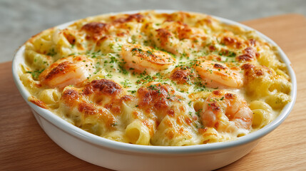 プリプリのエビとマカロニがたっぷり入った香ばしい焼き目のついたチーズグラタン