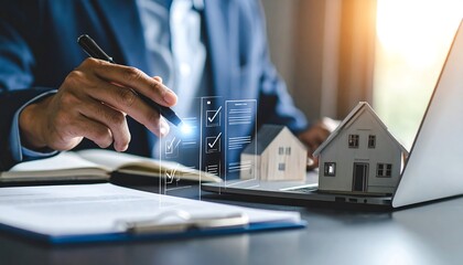 Real estate agent reviewing property checklist on digital interface for approval process