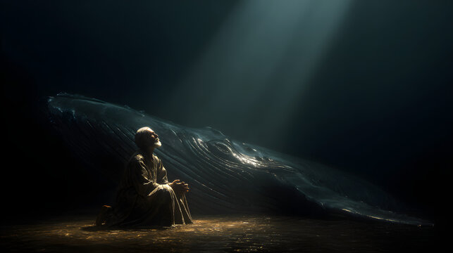 A solemn image of Jonah praying inside the whale, a dim light illuminating his face, reflecting introspection and repentance.
