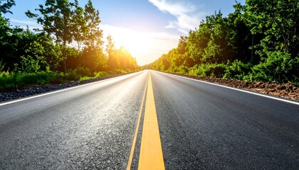 Scenic view of empty asphalt road leading towards the sun through green trees