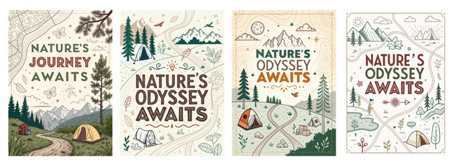 Nature-themed illustration showcasing adventure, featuring camping scenes and outdoor landscapes.