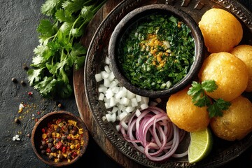 Fresh Panipuri with Crispy Shells and Tangy Chutney Served on a Traditional Tray