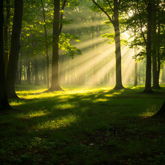 Obraz premium Sunlight streaming through trees illuminating a lush green forest with dense foliage and tall trunks