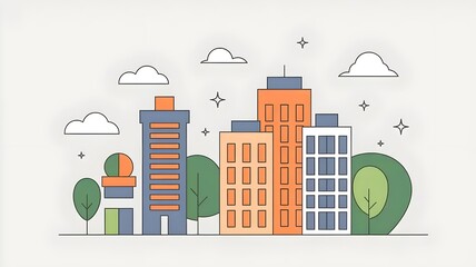 Obraz premium Minimal Colorful City Skyline Illustration with Modern Buildings and Trees