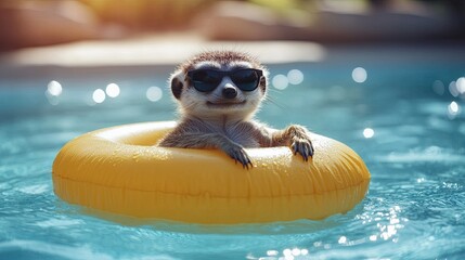 Meerkat floating on an inflatable pool float, summer fun concept. 0ef