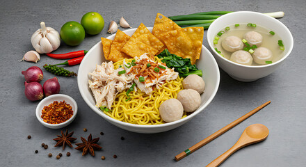 A Complete Set of Mie Ayam Bakso, Featuring a Bowl of Noodles and Shredded Chicken with Side Dishes of Meatballs Soup and Fresh Condiments