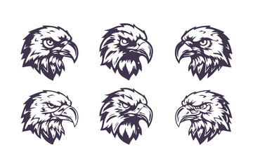Obraz premium Set of eagle head icons. Aggressive hawk mascot logo collection. Graphic symbol of power and strength for sports, gaming, and tattoo design. Vector illustration.