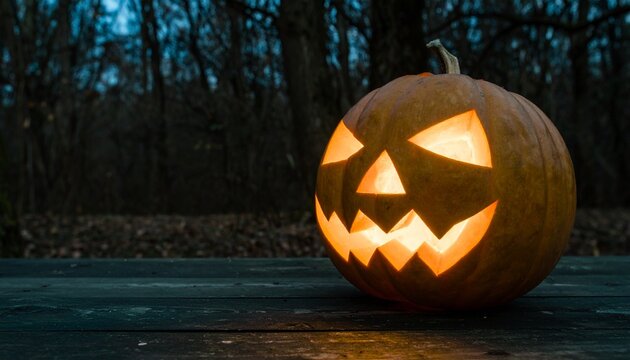 Glowing Jack-o'-lantern in Dark Forest Halloween Night