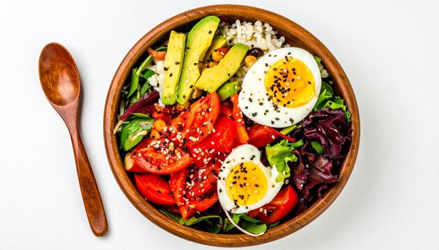 Healthy salad bowl with boiled egg, fresh avocado, tomato, and mixed greens. Nutritious lunch meal, top view flat lay on a white background
