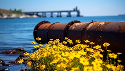 Rusty industrial pipeline juxtaposed with vibrant wildflowers on the sea shore line