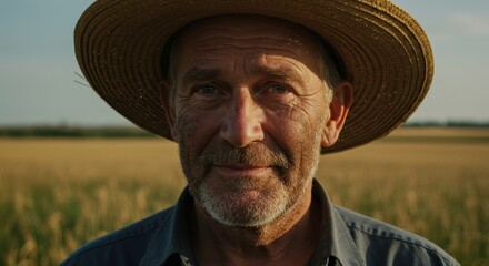 Fototapeta premium Close up portrait of an authentic old farmer man with a straw hat standing in a golden wheat field, concept of agriculture and harvest.