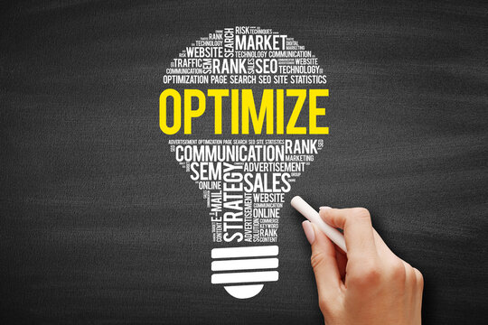 OPTIMIZE bulb word cloud, business concept on blackboard