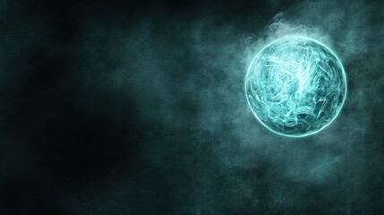 Ethereal sphere floating amidst a dark atmospheric expanse with swirling luminosity and misty