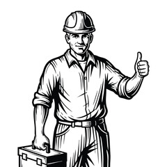 Construction Worker Cartoon Illustration Safety Hard Hat Toolbox Thumbs Up Graphic Design silhouette