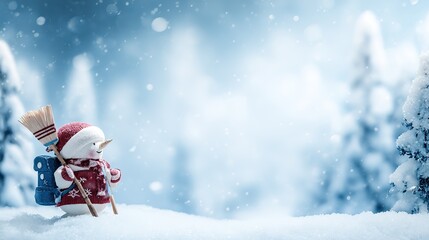 Happy Snowman in Christmas Landscape &ndash; Red-Hatted, Broom-Carrying, Amid Falling Snowflakes, Pine Trees & Snowy Forest, Sparkling with Festive Warmth in High-Resolution Magic