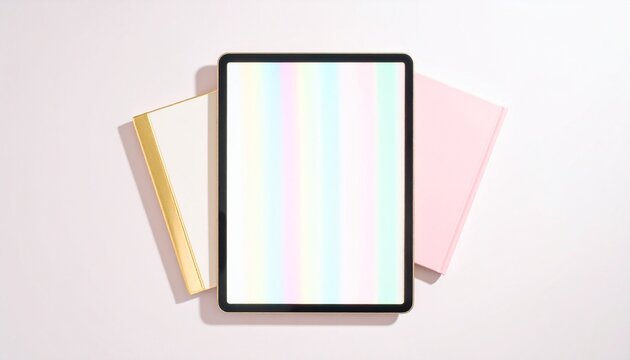 Pastel rainbow striped tablet screen with pink and gold notebooks on a pink background