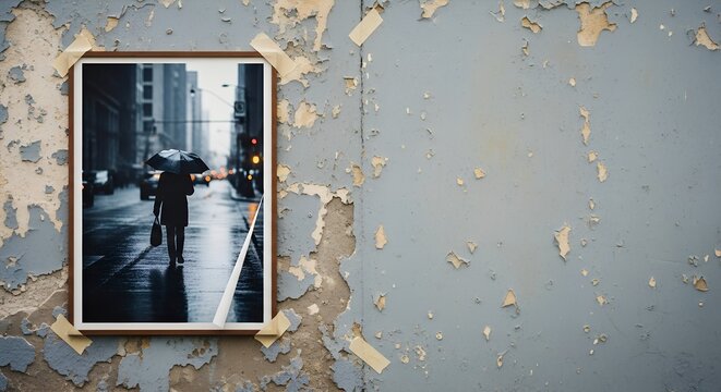Fototapeta Close-up mockup of a framed photo depicting a person walking in the rain, urban scene, monochrome aesthetic, attached to a worn,