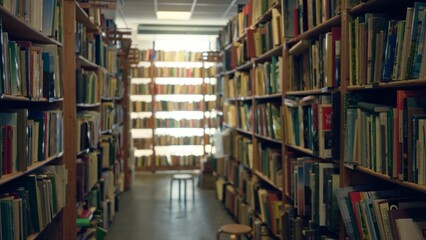 Blurred image of a quiet library showcasing numerous colorful books on shelves with a soft bokeh effect in the background, highlighting a peaceful indoor atmosphere.
