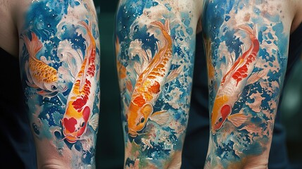 A vibrant tattoo of koi fish in a watercolor style.