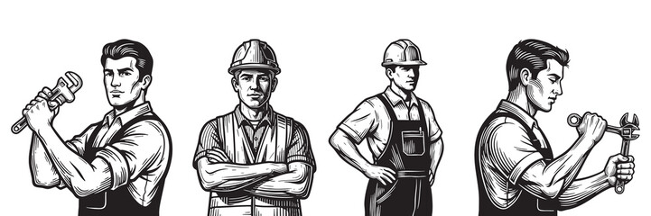 Illustrations of Plumbers and Construction Workers with Tools and Hard Hats Vector silhouette