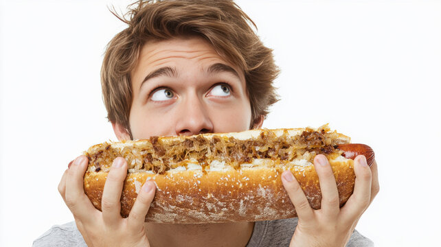 imagen de un primer plano de la cara de un chico joven comiendo un bocadillo gigante con salchicha y chucrut