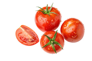 Fresh ripe tomatoes with water droplets isolated on white background for healthy cooking recipes
