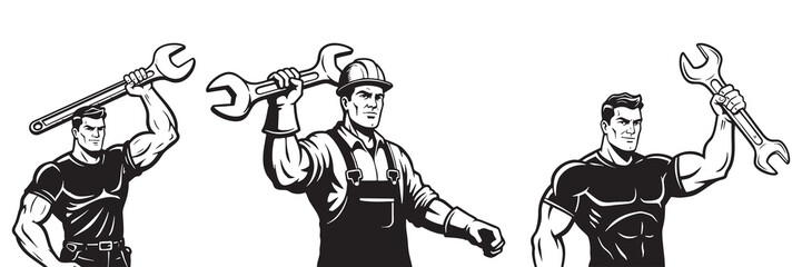 Construction Worker Muscle Power Lifting Wrench Heroic Comic Art Builder Mechanic Job silhouette