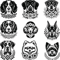 Obraz premium Dog Head With Flowers, Dog Clipart, Dog Silhouette 