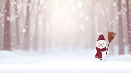 Happy Snowman in Christmas Landscape &ndash; Red-Hatted, Broom-Carrying, Amid Falling Snowflakes, Pine Trees & Snowy Forest, Sparkling with Festive Warmth in High-Resolution Magic