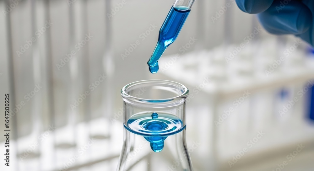 Poster scientist dropping blue liquid into a glass flask from a pipette. chemical experiment in a laborator